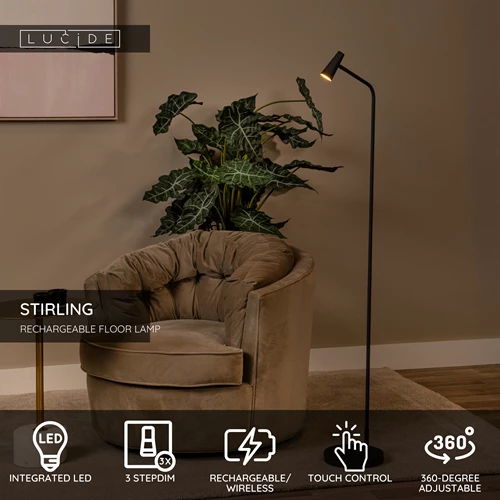 Lucide STIRLING - Rechargeable Floor lamp - Battery pack- LED 3 StepDim - 1x3W 2700K - Black - USP
